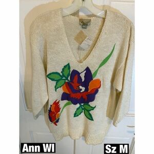 Women's Vintage V Neck Cream Floral Sweater Sz M